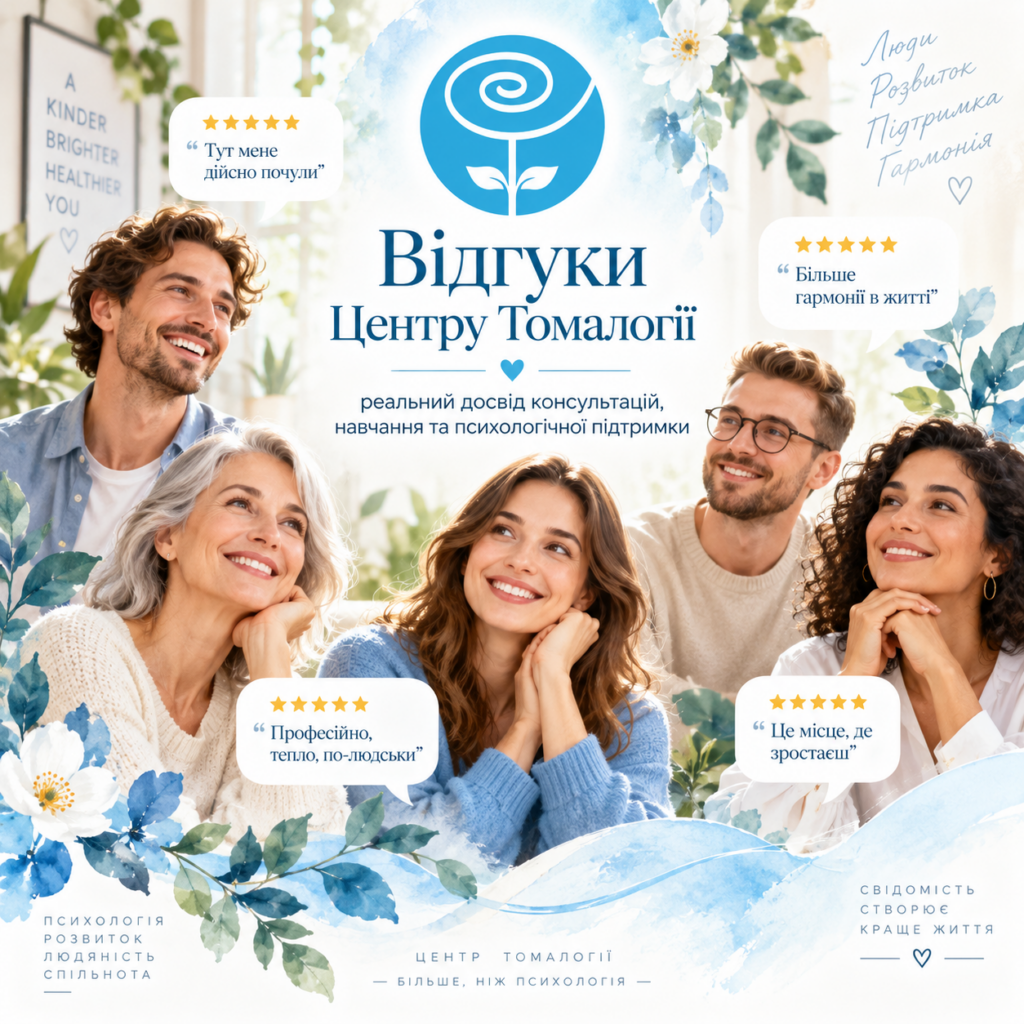 Відгуки клієнтів Центру Томалогії: реальний досвід консультацій, навчання, самопізнання та психологічної підтримки для життя.